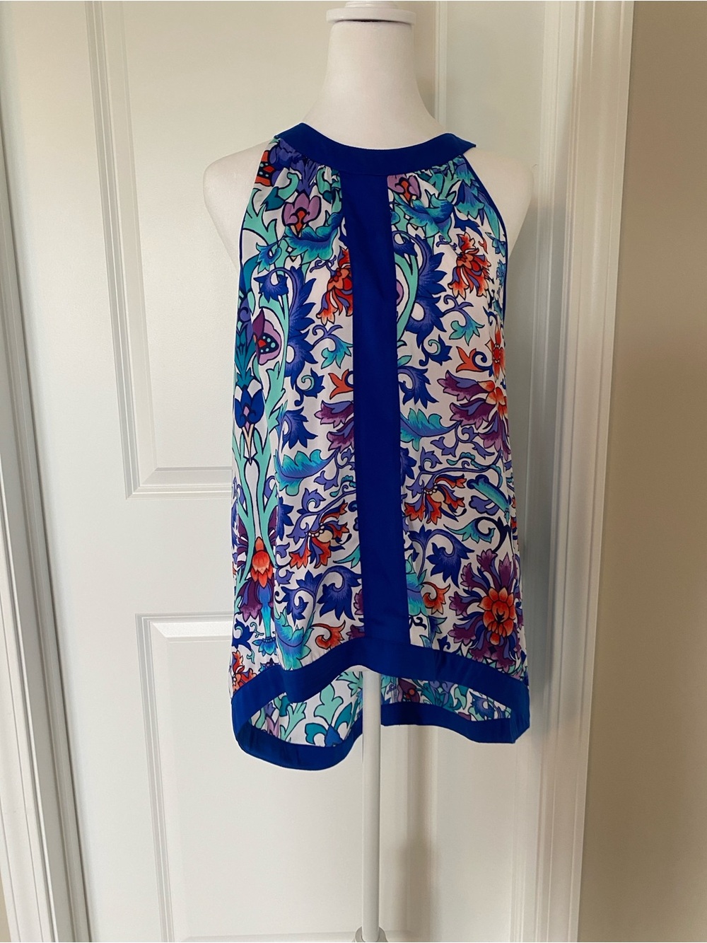 Nicole by Nicole Miller Blue Floral Halter Tank with Teal and Purple Accents